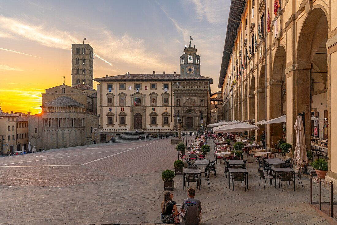 View of architecture in Piazza Grande at sunset, Arezzo, Province of Arezzo, Tuscany, Italy, Europe