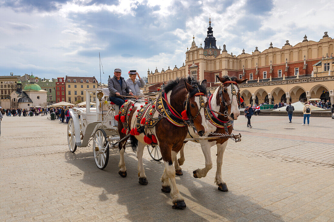 Horse and carriage, Main Market Square, UNESCO World Heritage Site, Krakow, Poland, Europe