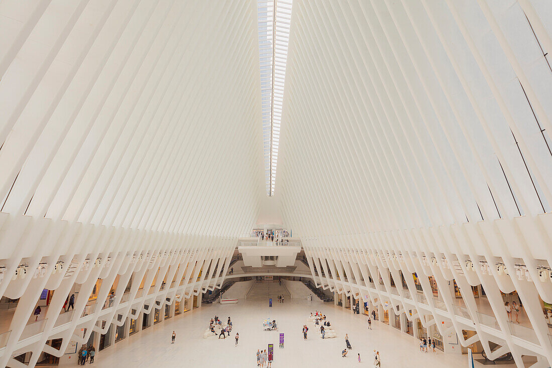 The interior roof and passenger concourse of the Oculus transportation hub at the World Trade Center in Lower Manhattan, New York City, United States of America, North America