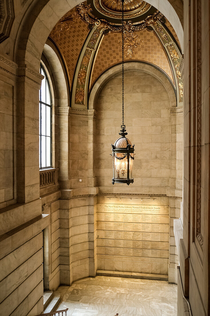 Architectural detail of the New York Public Library (NYPL), second largest in the USA and fourth largest in the world, New York City, United States of America, North America