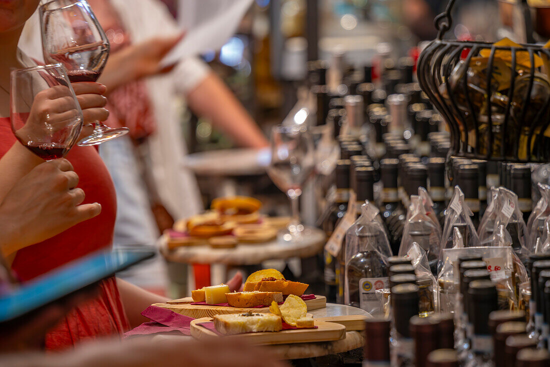 View of wine tasting food at Cantina Ercolani, wine shop and museum in Montepulciano, Montepulciano, Province of Siena, Tuscany, Italy, Europe