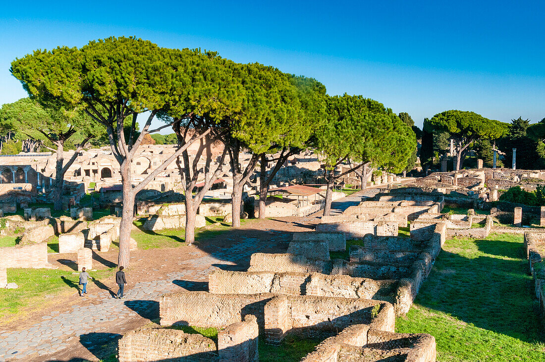 View from above of Decumanus (Main road), Ostia Antica archaeological site, Ostia, Rome province, Latium (Lazio), Italy, Europe