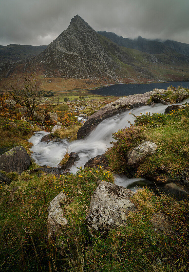 Bach und Tryfan Mountain, Ogwen Valley, Snowdonia, Wales, Vereinigtes Königreich, Europa