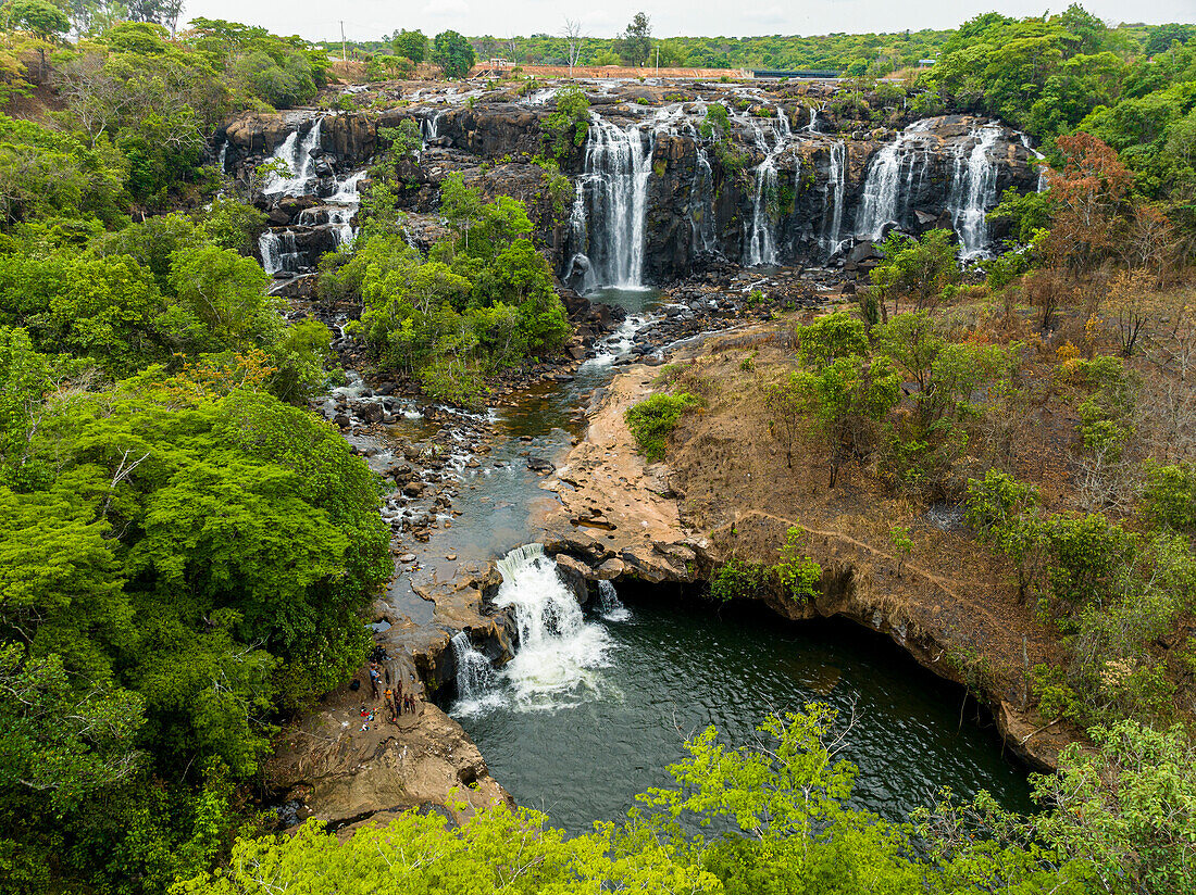 Aerial of Chiumbe waterfalls, Lunda Sul, Angola, Africa