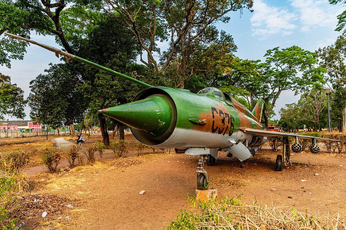 Former military jet in a park, Luena, Moxico, Angola, Africa