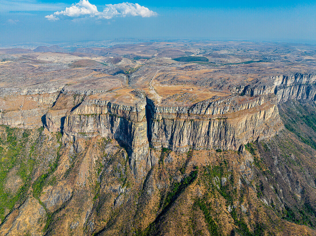 Aerial of the Tundavala Gap, great escarpment Serra da Leba, Lubango, Angola, Africa