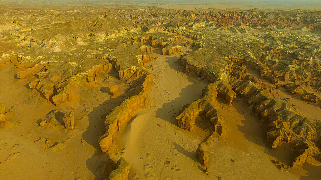 Aerial of a sandstone canyon, Namibe (Namib) desert, Iona National Park, Namibe, Angola, Africa