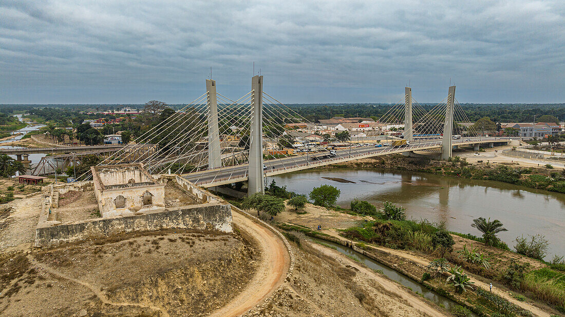 Aerial of the bridge over Catumbela, Benguela, Angola, Africa