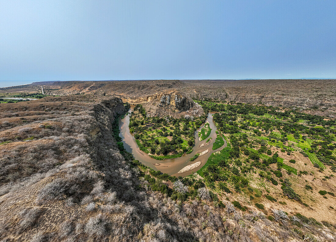 Aerial of the horseshoe bend of the Rio Cubal Canyon, Angola, Africa