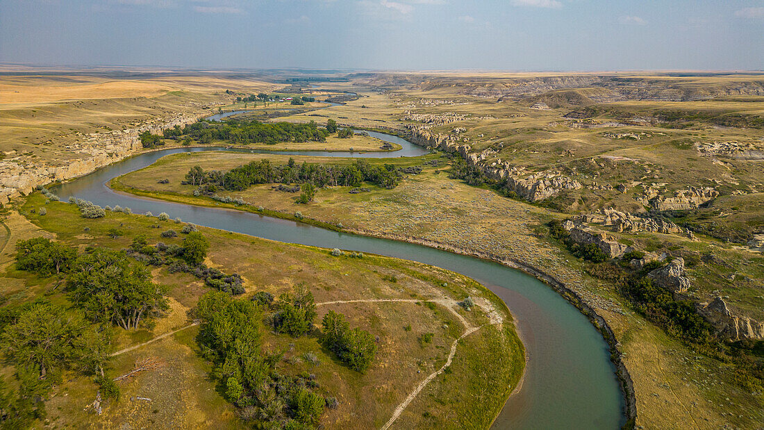 Aerials of Hoodoos along the Milk River, Writing-on-Stone Provincial Park, UNESCO World Heritage Site, Alberta, Canada, North America