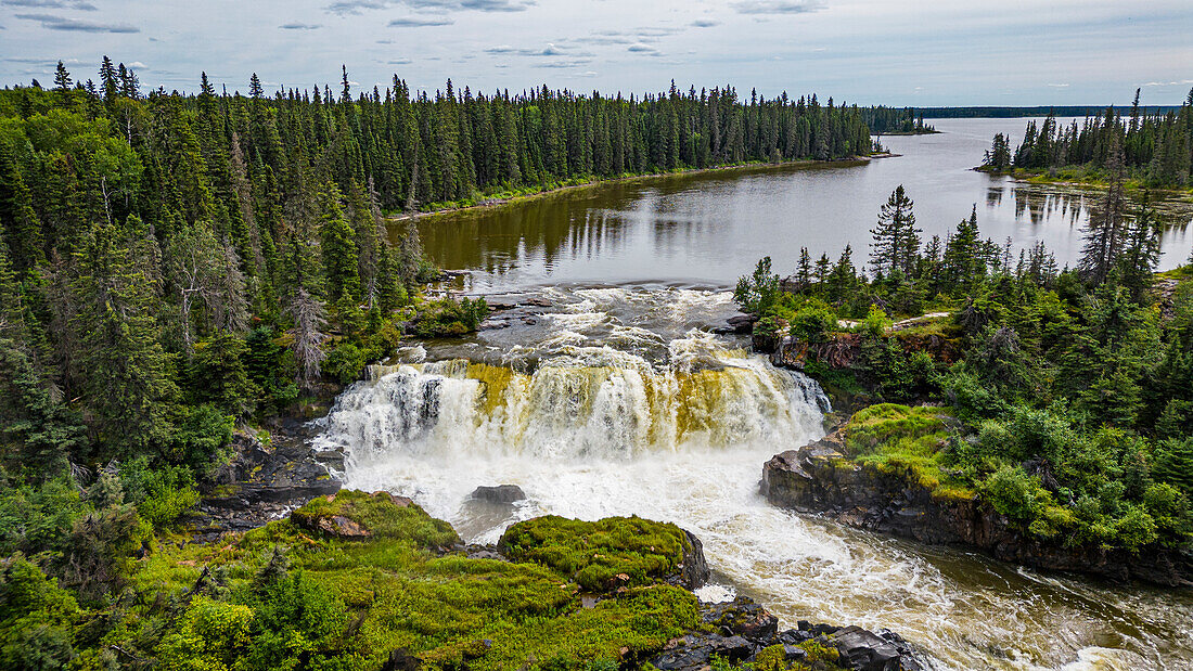 Aerial of the Pisew Falls Provincial Park, Thompson, Manitoba, Canada, North America