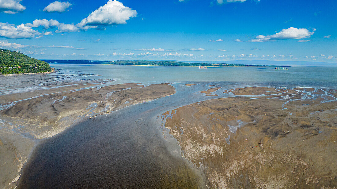 Aerial of the Gouffre River flowing in the St. Lawrence River, Quebec, Canada, North America