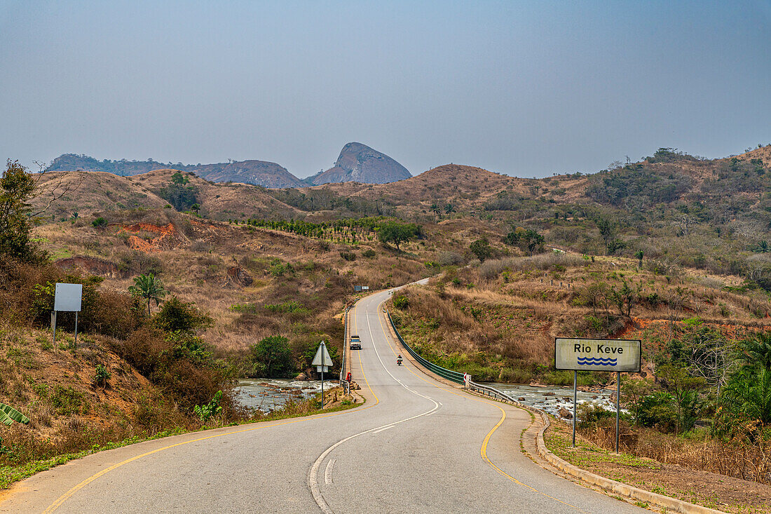 Road over the Cuvo River (Rio Keve), near confluence with Toeota River, Conda, Kumbira Forest Reserve, Kwanza Sul, Angola, Africa