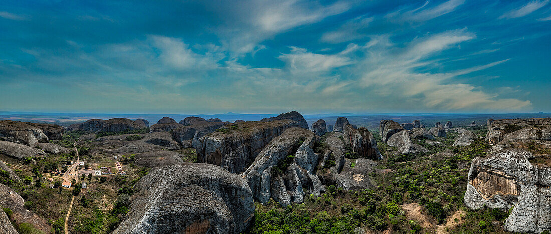 Aerial of black rocks of Pungo Andongo, Malanje, Angola, Africa