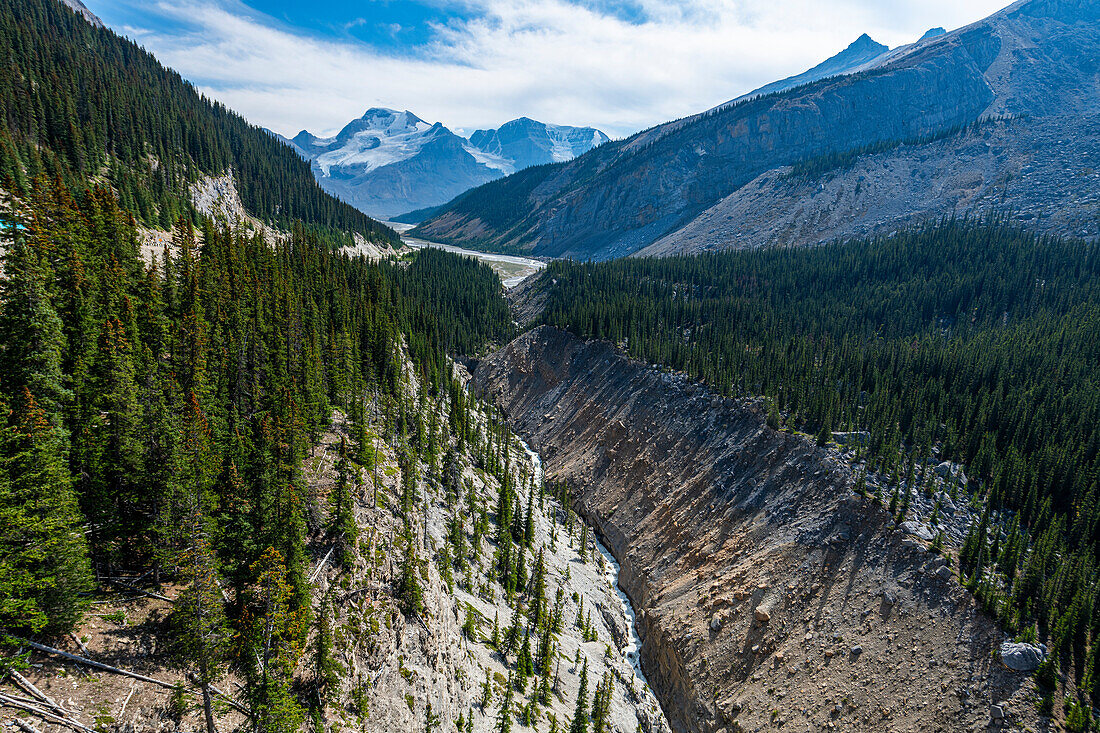 View into the valley from the Columbia Icefield Skywalk, Glacier Parkway, Alberta, Canada, North America