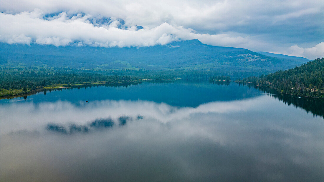 Aerial of Pyramid Lake, Jasper National Park, UNESCO World Heritage Site, Alberta, Canadian Rockies, Canada, North America