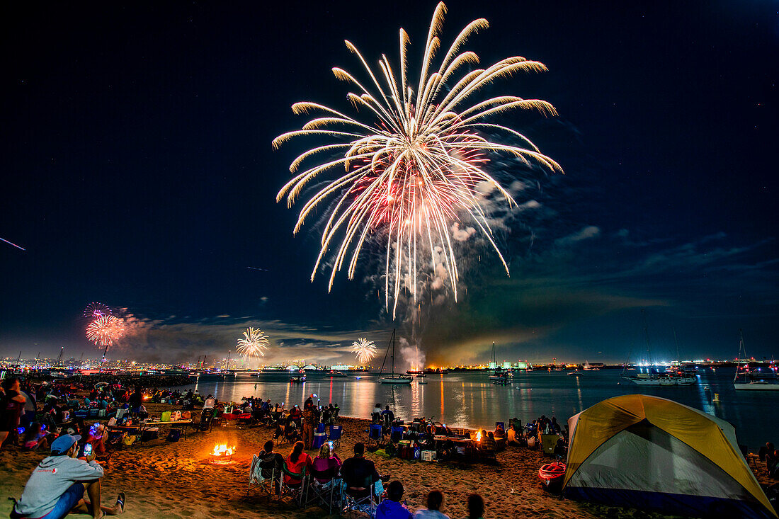 Fireworks display viewed from Shelter Island in San Diego, California, United States of America, North America