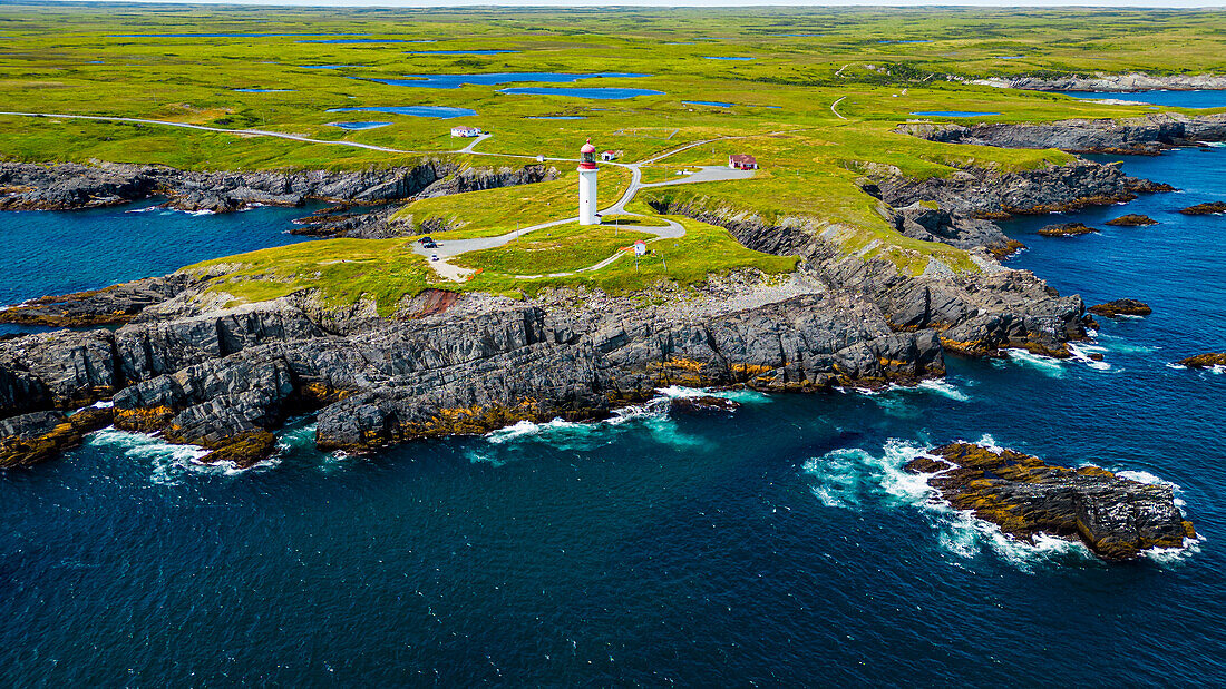 Aerial of Cape Race Lighthouse, Mistaken Point, UNESCO World Heritage Site, Avalon Peninsula, Newfoundland, Canada, North America