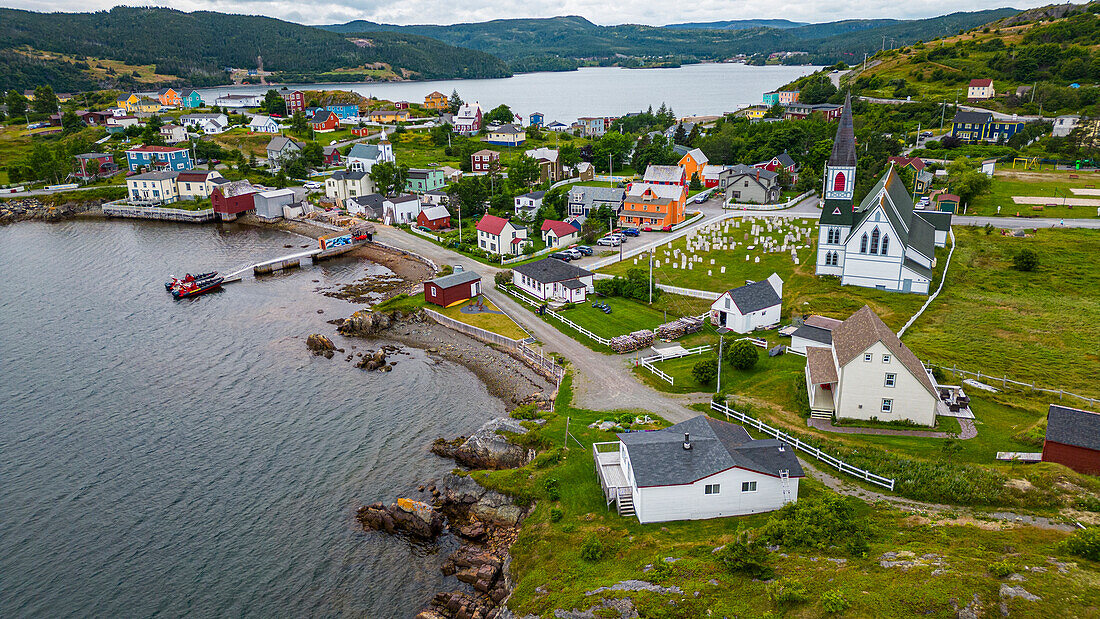 Aerial of the historic town of Trinity, Bonavista Peninsula, Newfoundland, Canada, North America