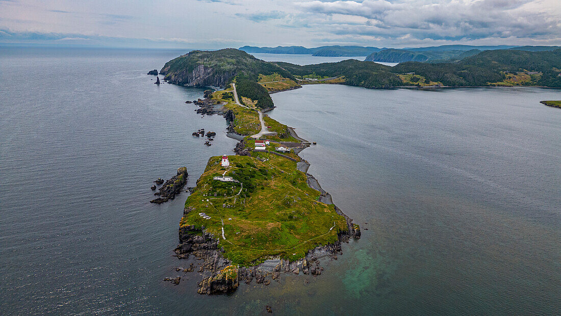 Aerial of the historic town of Trinity, Bonavista Peninsula, Newfoundland, Canada, North America