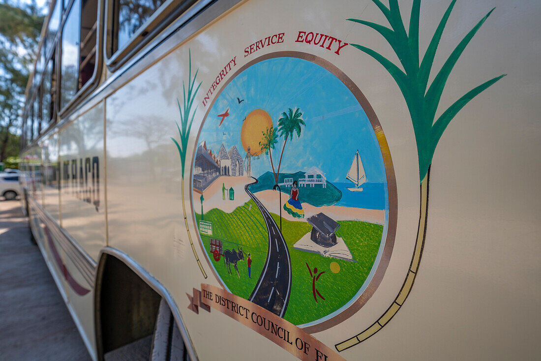 View of livery of local public transport in Cap Malheureux, Mauritius, Indian Ocean, Africa