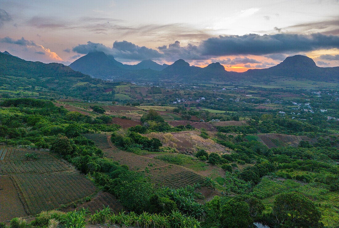 Aerial view of Long Mountain at sunset from near Congomah, Mauritius, Indian Ocean, Africa