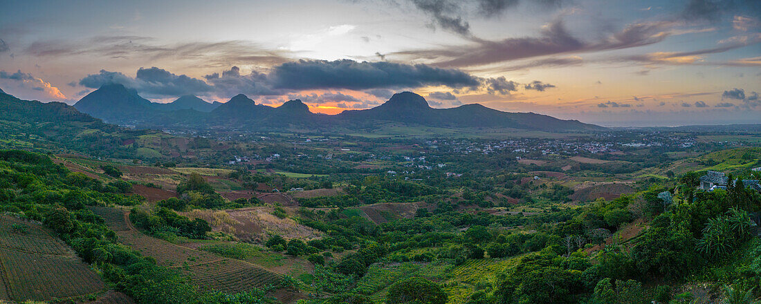 Aerial view of Long Mountain at sunset from near Congomah, Mauritius, Indian Ocean, Africa