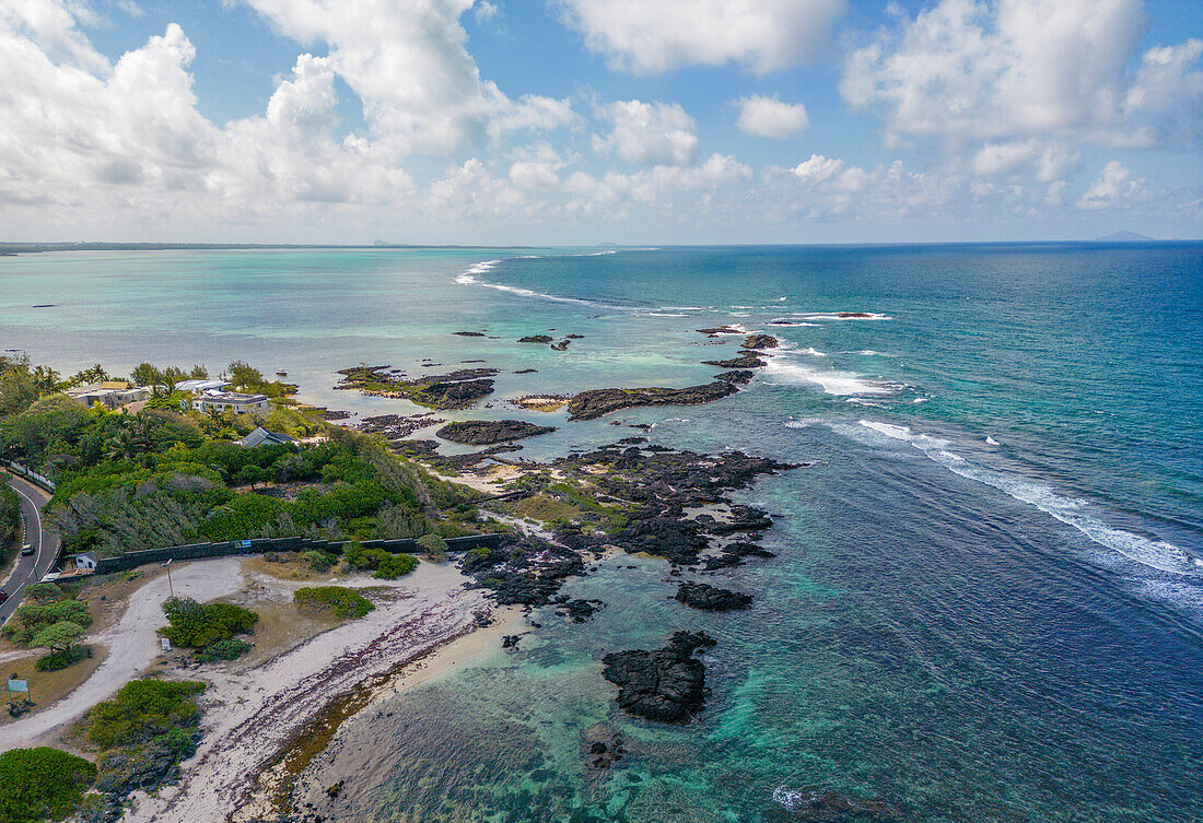 Aerial view of coastline near Poste La Fayette Public Beach, Mauritius, Indian Ocean, Africa