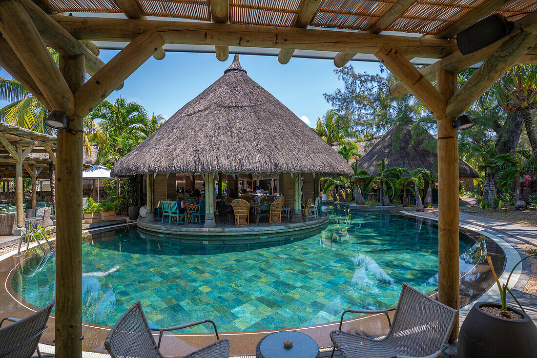 View of hotel pool and restaurant in Cap Malheureux, Mauritius, Indian Ocean, Africa