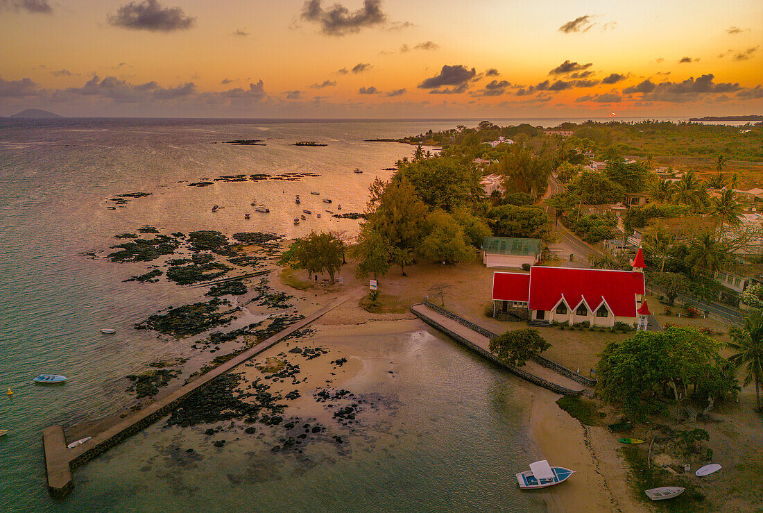 Aerial view of Notre-Dame Auxiliatrice de Cap Malheureux at sunrise, Cap Malheureux, Mauritius, Indian Ocean, Africa