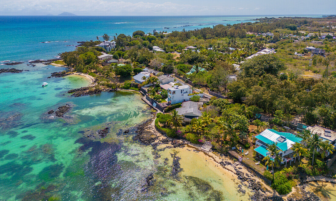 Aerial view of coastline, beach and turquoise water at Cap Malheureux, Mauritius, Indian Ocean, Africa