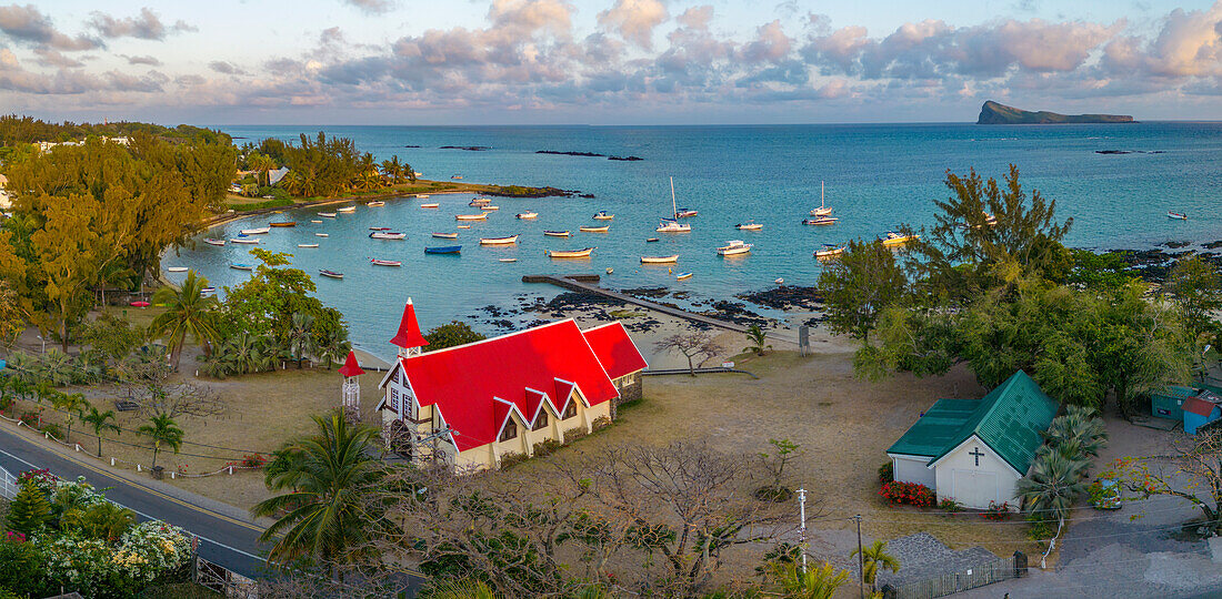 Aerial view of Notre-Dame Auxiliatrice de Cap Malheureux at sunrise, Cap Malheureux, Mauritius, Indian Ocean, Africa