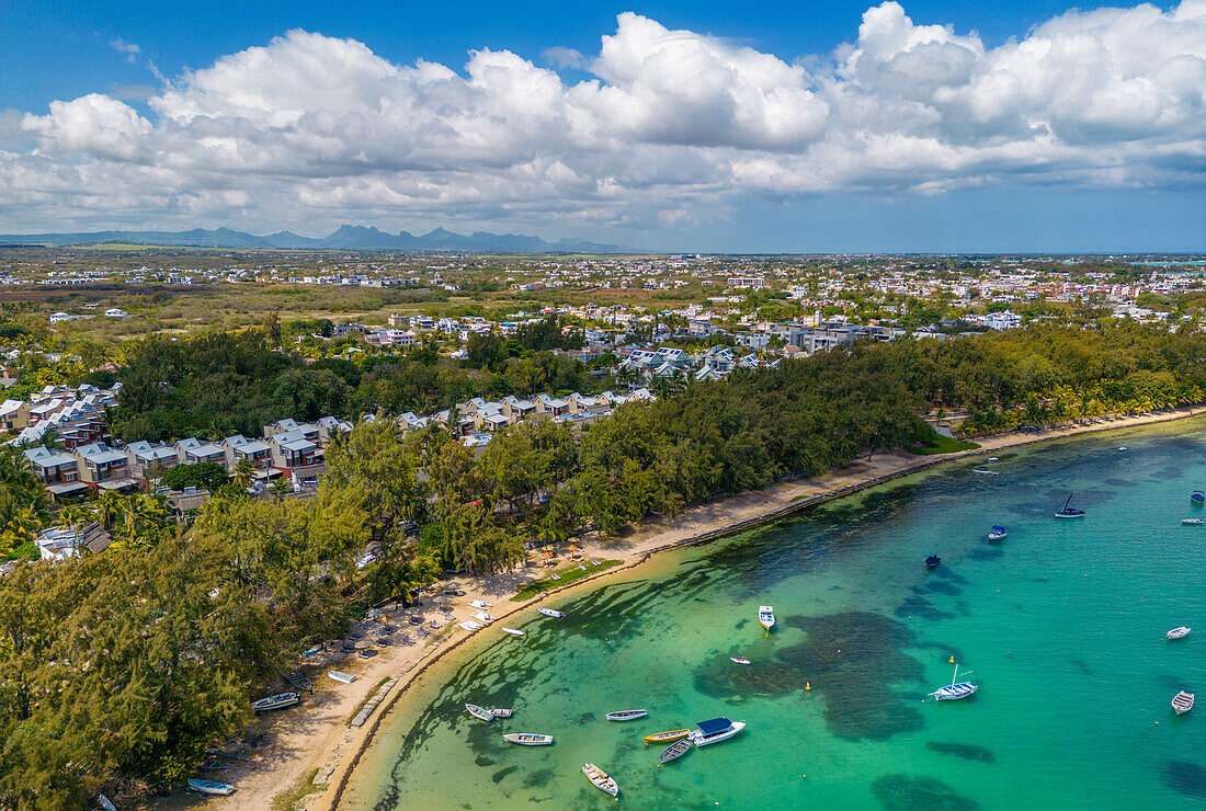 Aerial view of coastline, beach and turquoise water at Cap Malheureux, Mauritius, Indian Ocean, Africa