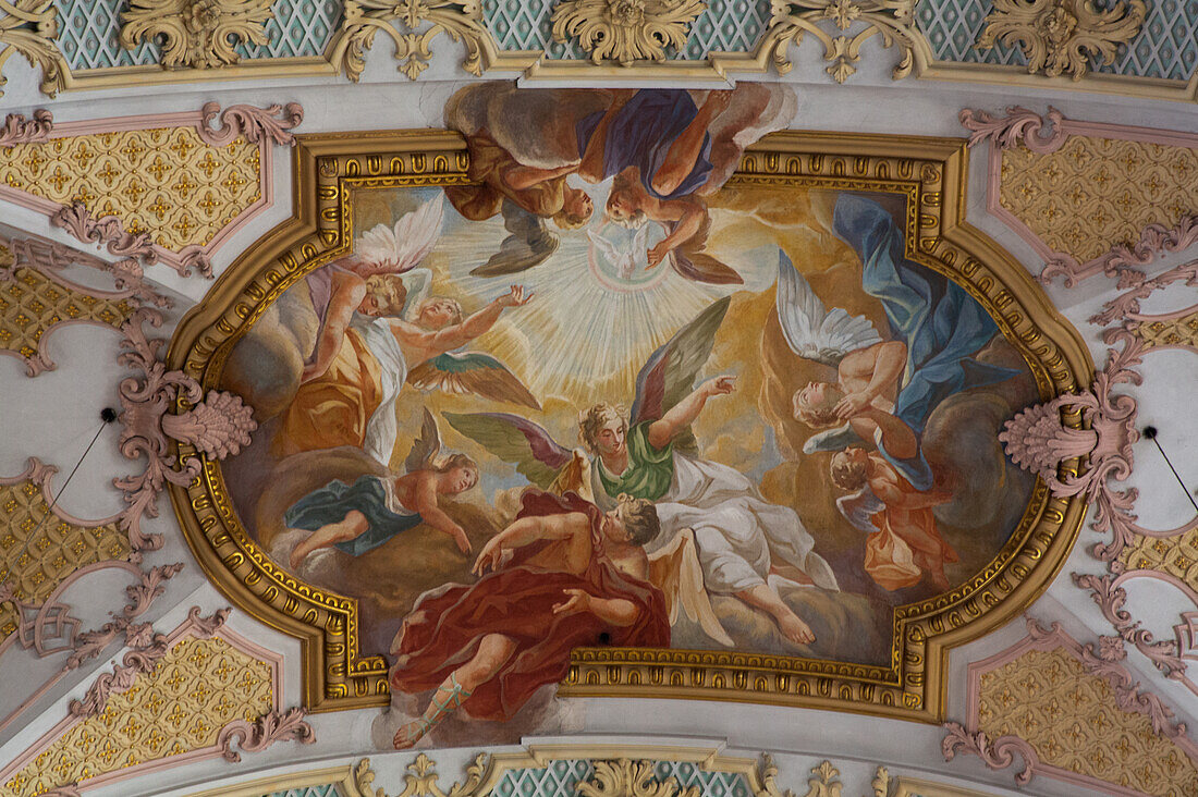 Interior, Ceiling Frescoes by Cosmas Damian, Heilig Geist Church, originally founded in the 14th century, Old Town, Munich, Bavaria, Germany, Europe