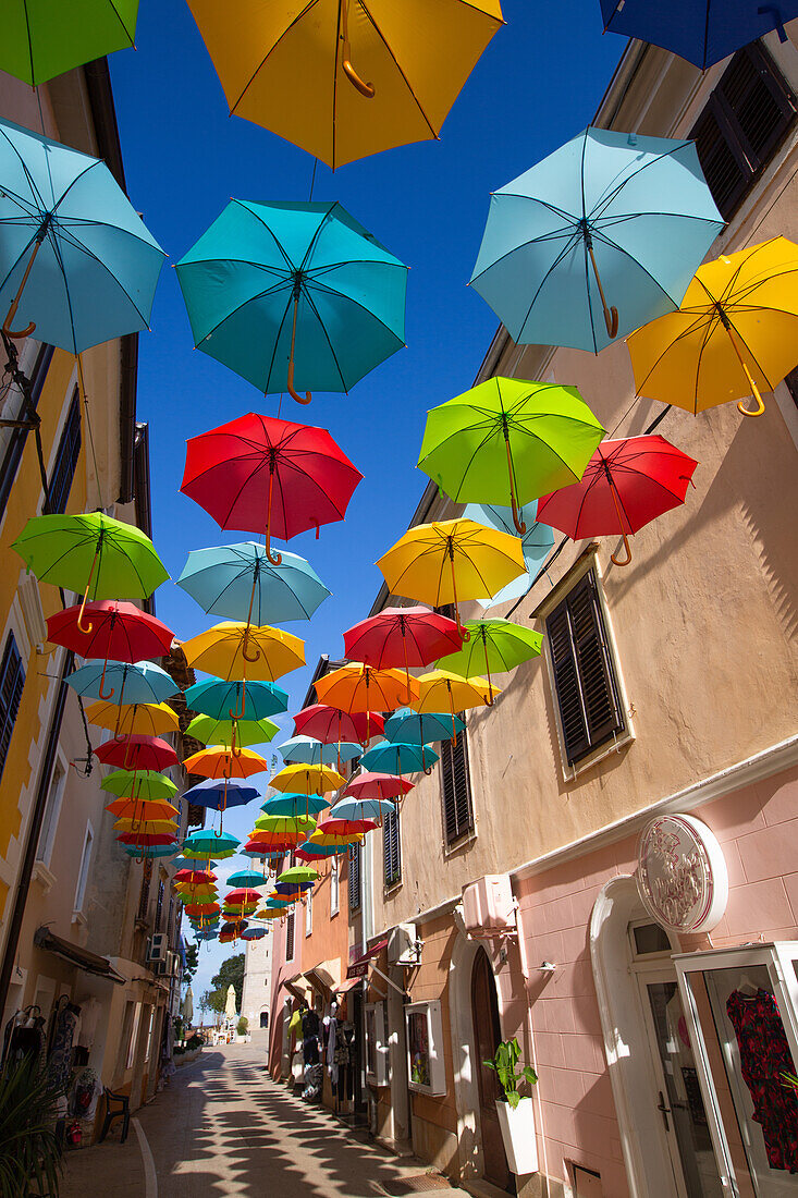 Hanging Umbrellas, Veliki Squiare Street, Old Town, Novigrad, Croatia, Europe