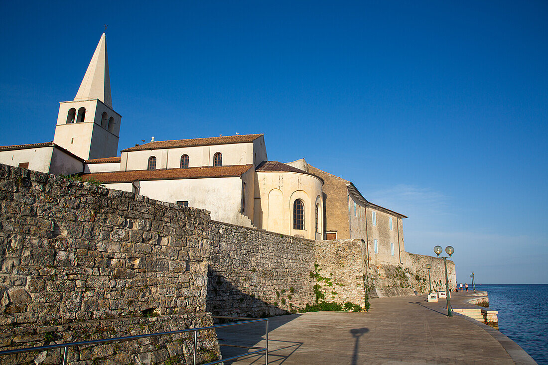 Tower of Euphrasian Basilica, Walkway around the Perimeter of Old Town, Porec, Croatia, Europe