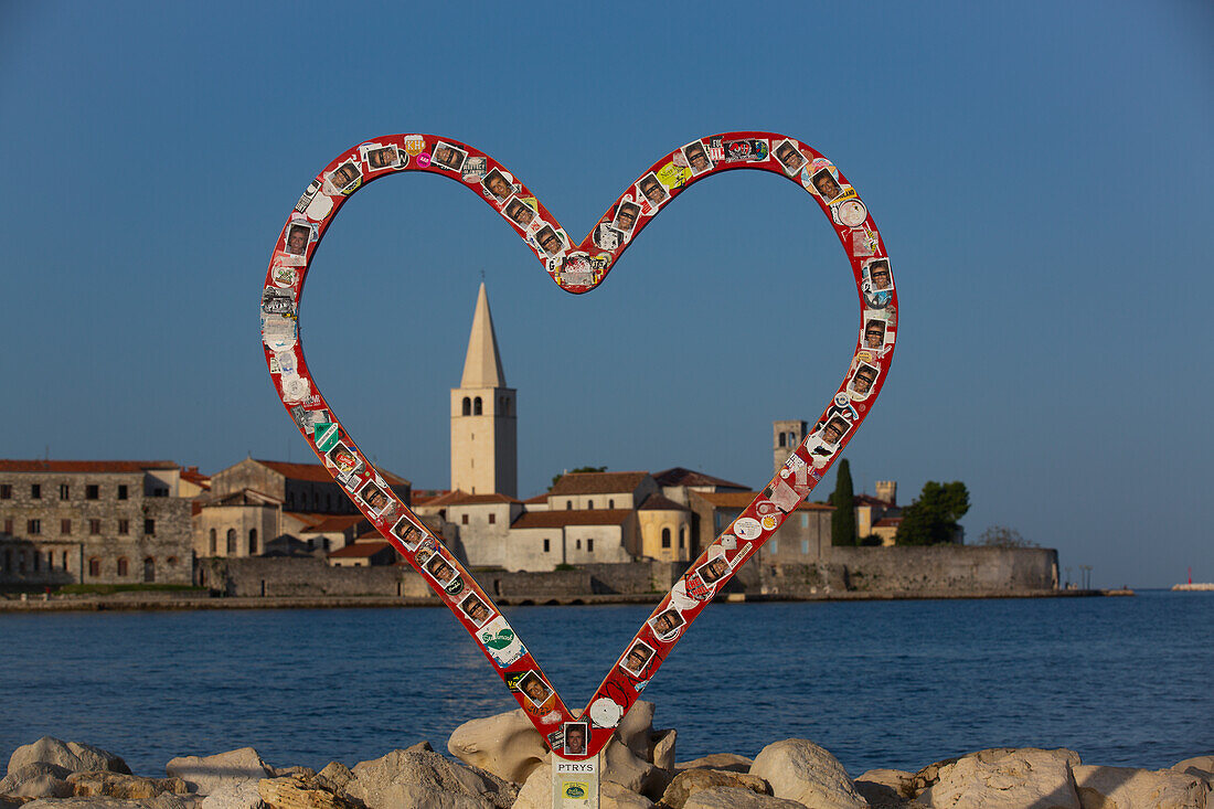 Love Symbol, Red Heart, Tower of Euphrasian Bascilica in the background, Old Town, Porec, Croatia, Europe