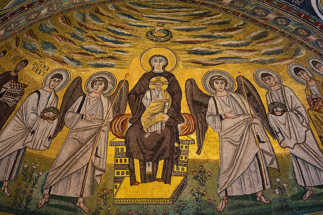 Mosaic, Mary Holding Jesus in center) Euphrasian Basilica, dating from the 6th century, UNESCO World Heritage Site, Porec, Croatia, Europe