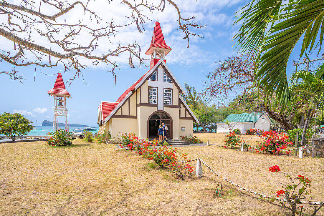 View of Notre-Dame Auxiliatrice de Cap Malheureux on sunny day in Cap Malheureux, Mauritius, Indian Ocean, Africa