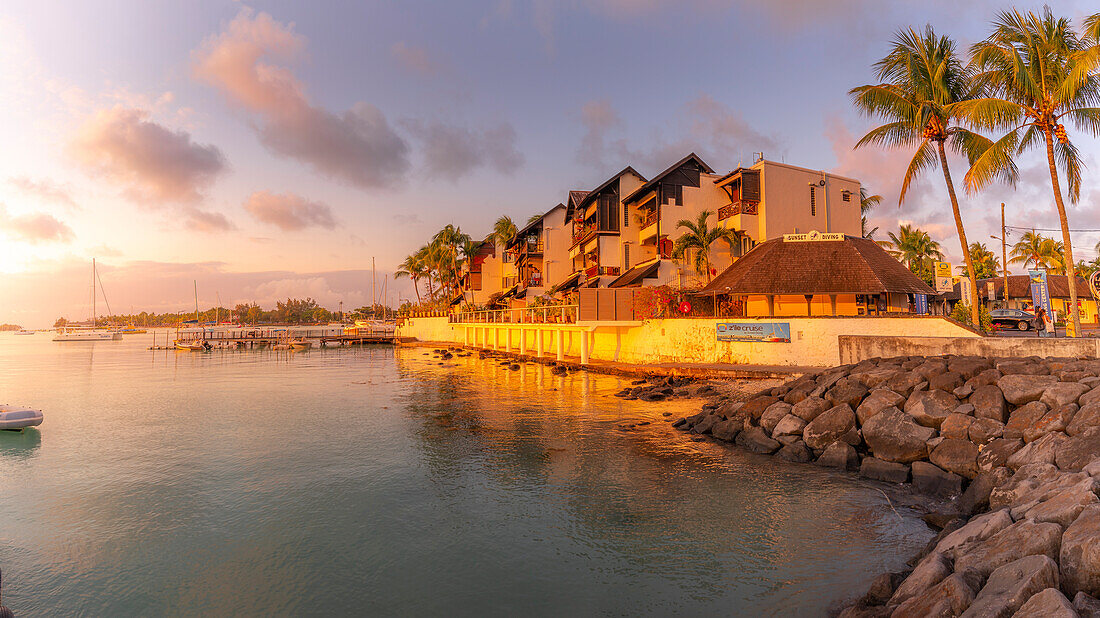 View of waterside apartments in Grand Bay at sunset, Mauritius, Indian Ocean, Africa