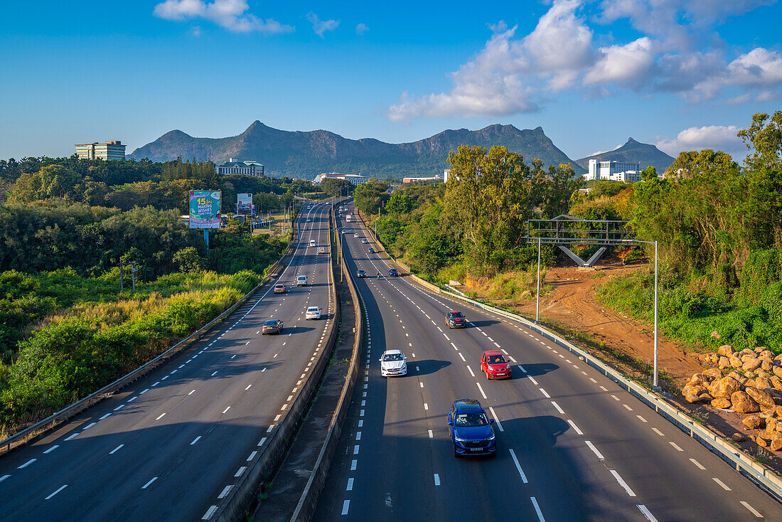 View of motorway and mountains near Quatre Bornes, Mauritius, Indian Ocean, Africa