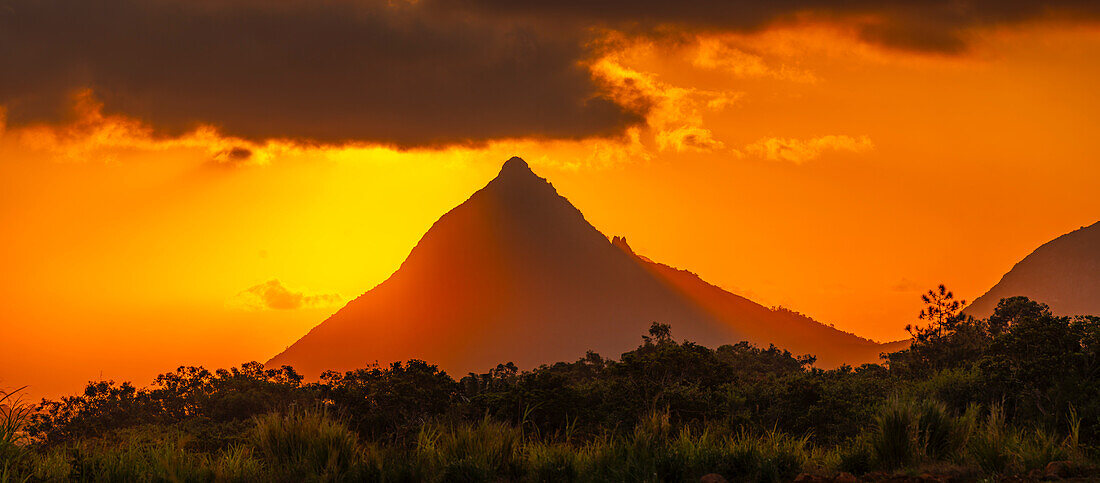 View of Long Mountains at sunset near Beau Bois, Mauritius, Indian Ocean, Africa