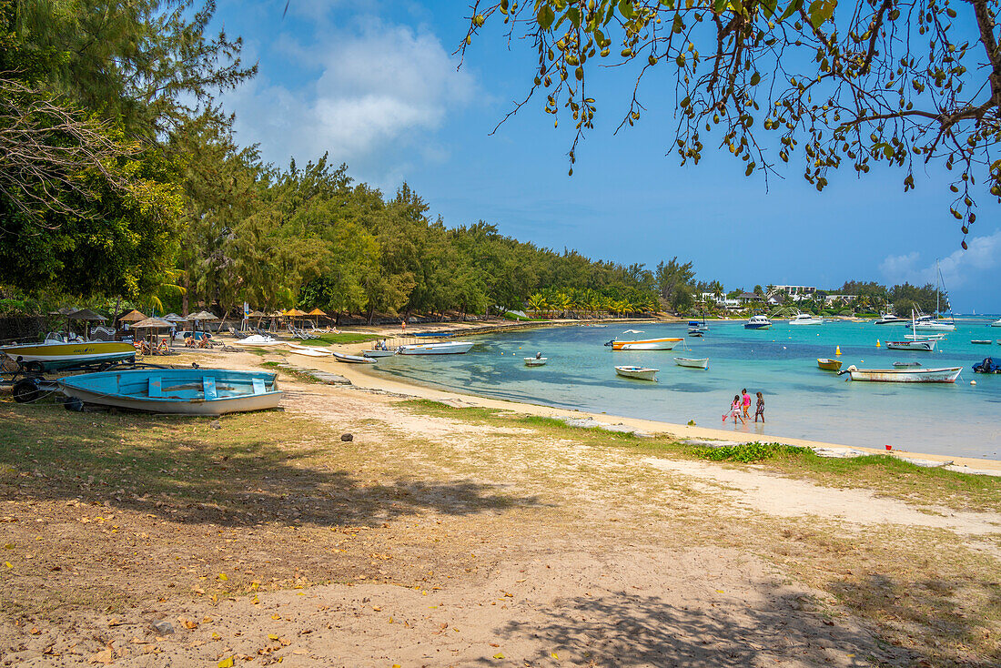 View of beach and turquoise Indian Ocean on sunny day in Cap Malheureux, Mauritius, Indian Ocean, Africa