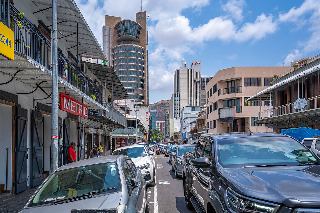 View of architecture and busy street in Port Louis, Port Louis, Mauritius, Indian Ocean, Africa
