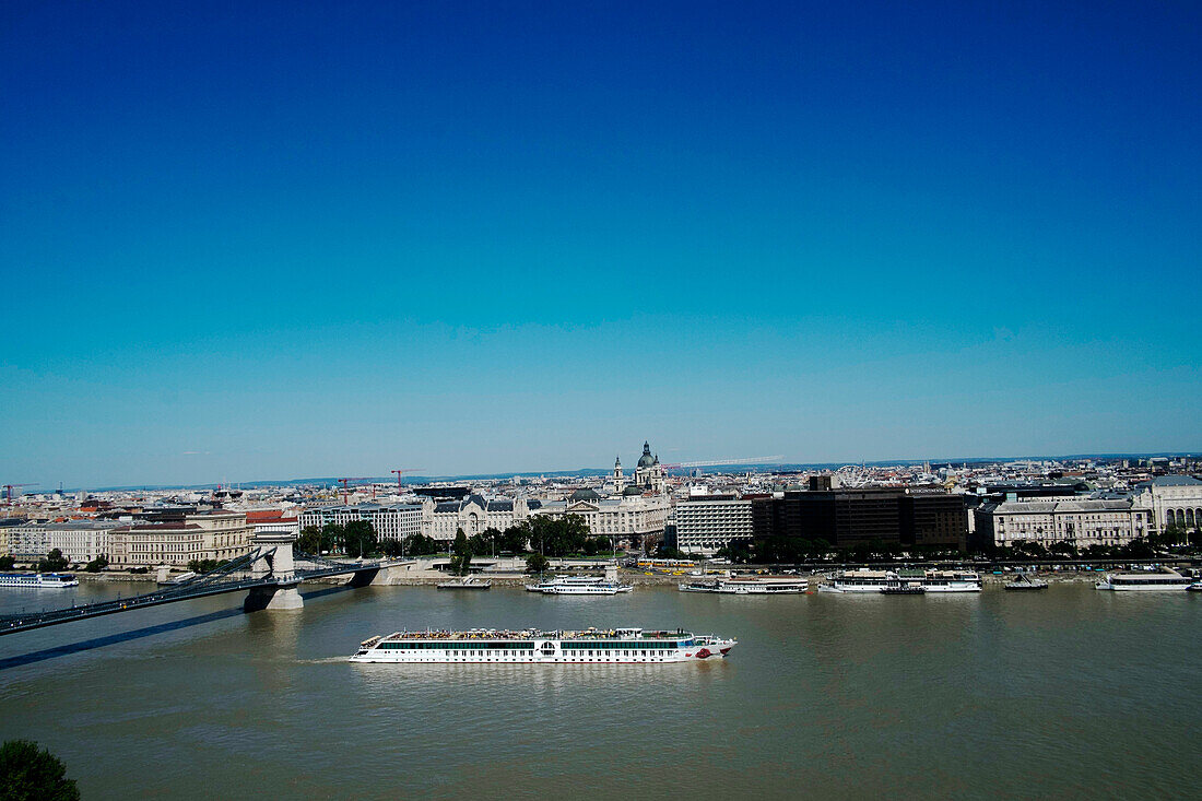 View of sightseeing boat on the River Danube and Budapest, Hungary, Europe