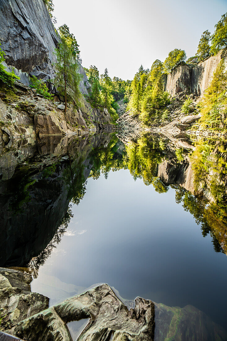 Reflections from Hodge Close Quarry, Coniston, Lake District National Park, UNESCO World Heritage Site, Cumbria, England, United Kingdom, Europe