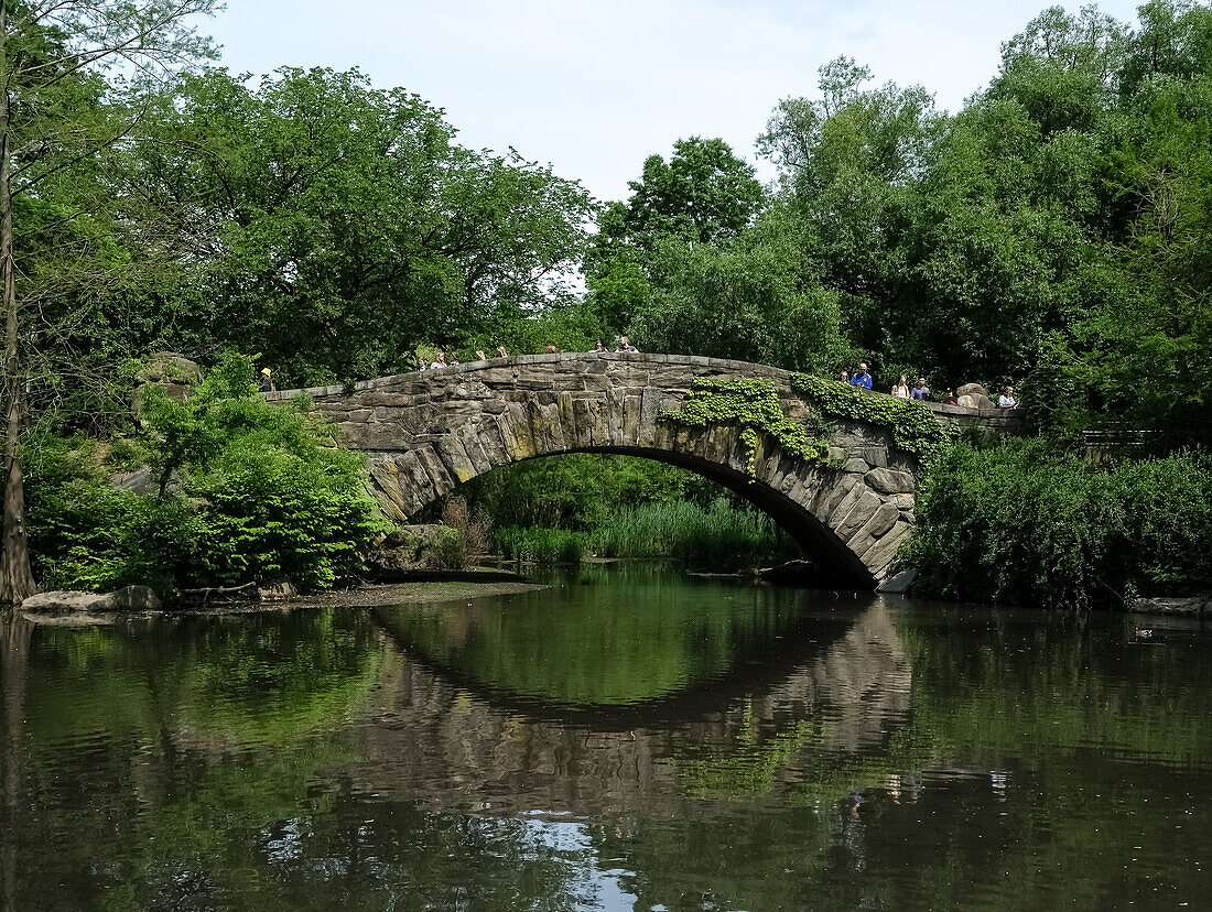 Blick auf The Pond, eines von sieben Gewässern im Central Park in der Nähe des Grand Army Plaza, gegenüber dem Central Park South vom Plaza Hotel, New York City, Vereinigte Staaten von Amerika, Nordamerika