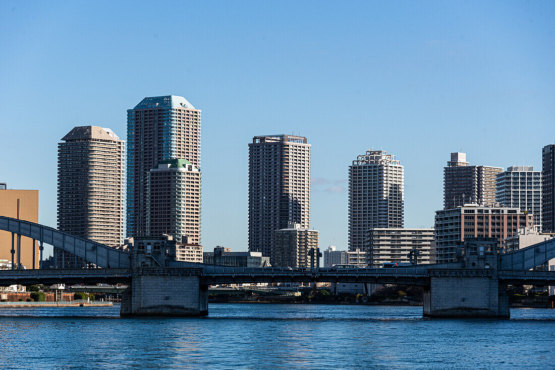 Highrise skyscrapers on Sumida River, Chuo City district, Toyko, Honshu, Japan, Asia