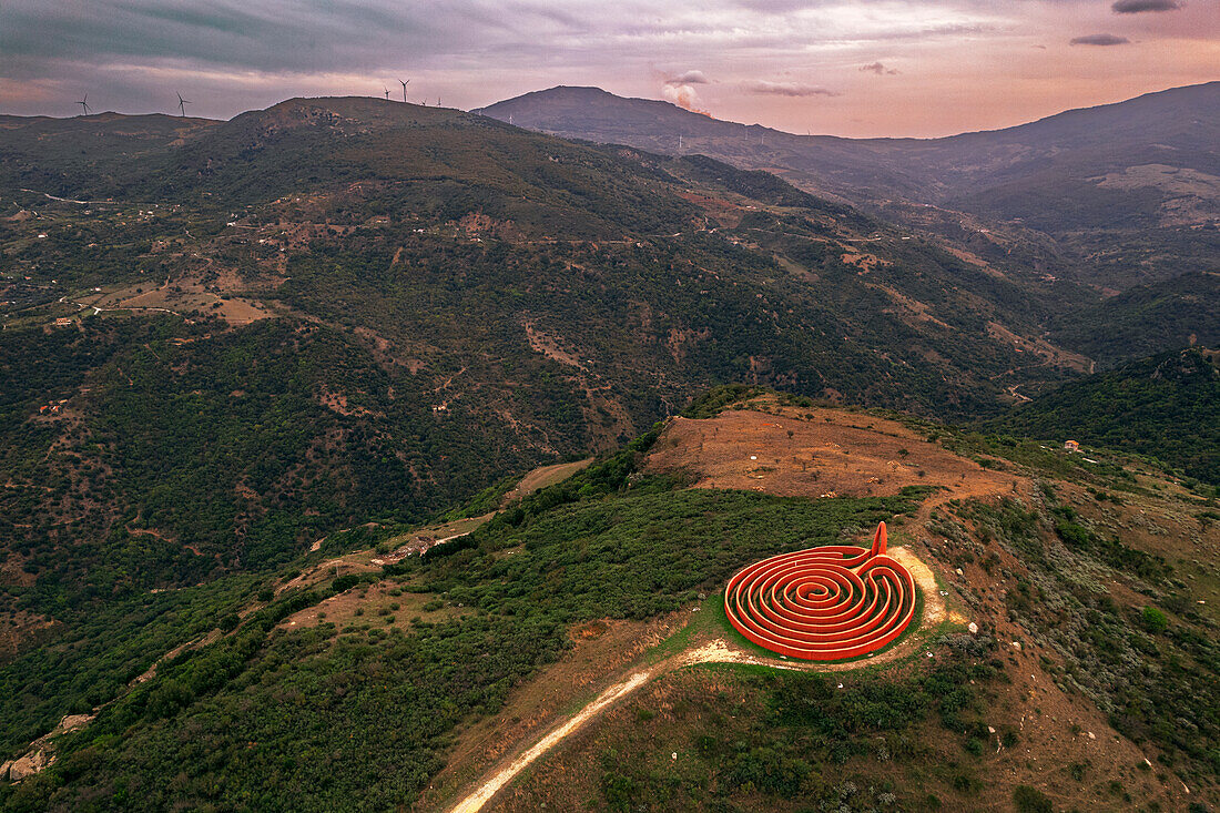 Ariadne's Labyrinth, art installation on top of a hill in the municipality of Castel del Lucio, aerial morning shot, Fiumara d'Arte, Nebrodi mountains, Messina province, Sicily, Italy, Mediterranean, Europe