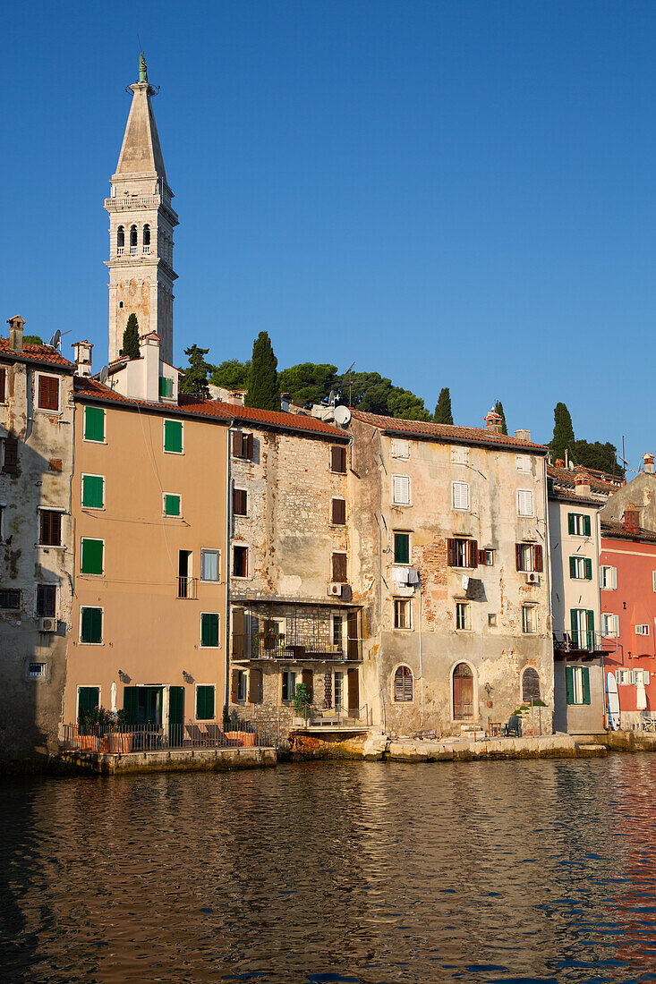 Buildings on the Waterfront and Tower of Church of St. Euphemia, Old Town, Rovinj, Croatia, Europe